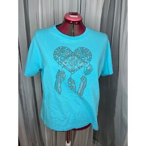 T-shirt bedazzled heart feathers blue